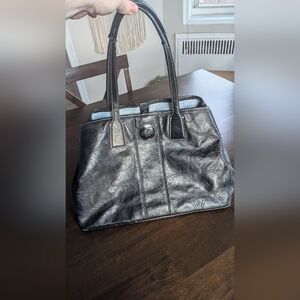 Vintage Coach C-logo Shiny Black Leather Satchel Bag